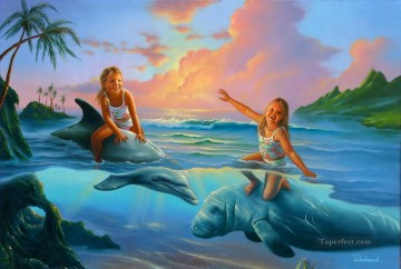 girls on dolphin cartoon for kids Oil Paintings
